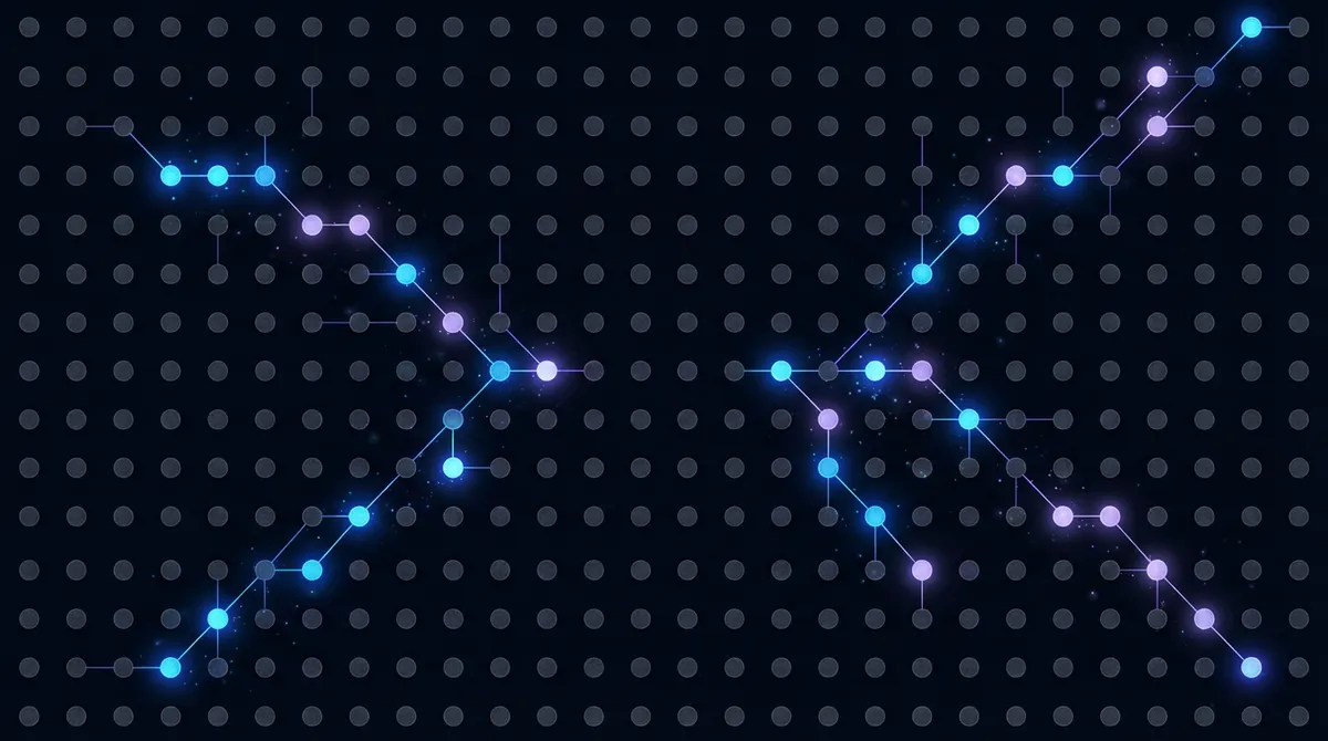 MoE 아키텍처의 희소 활성화 패턴을 보여주는 추상 시각화 — 전체 노드 중 일부만 밝게 활성화됨