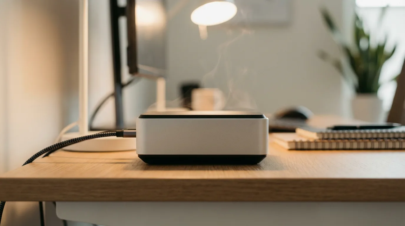 팬리스 미니PC에서 발생하는 발열 — CPU 터보 부스트가 활성화된 상태에서 알루미늄 케이스 위로 열기가 올라오는 모습