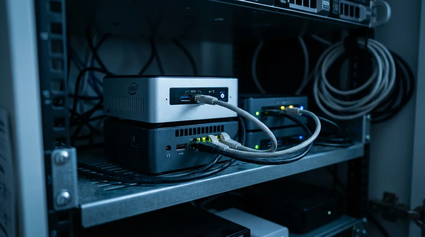 소규모 서버랙에 설치된 미니PC — 이더넷 케이블이 연결된 상태로 24시간 운영 중인 홈랩 서버 구성