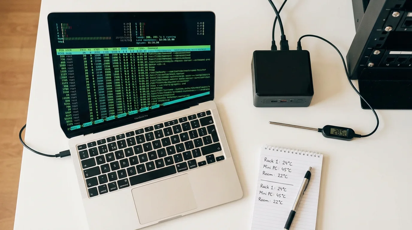서버 온도 모니터링 환경 — 노트북에서 htop으로 CPU 상태를 확인하며 미니PC 온도를 측정하는 작업 공간